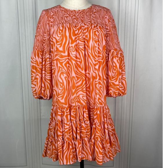 Cinq a Sept-Rika Mini Dress-Billow Sleeve/Animal Print -‎ Pink/Orange-Size 6 - Picture 3 of 16